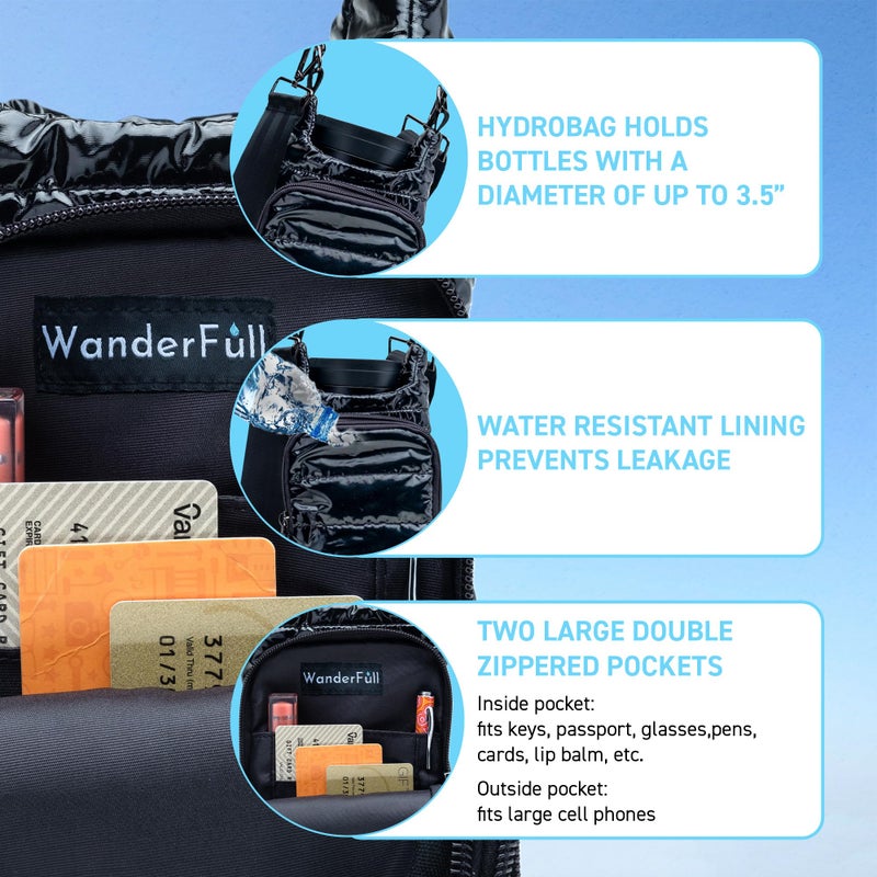 WanderFull Original HydroBag | Quilted Water Bottle Holder Crossbody Bag with Pockets and Strap | Carry 32 oz Water Bottle, Tumbler, Phone, Purse | Glossy Black, Black Strap - Image 5