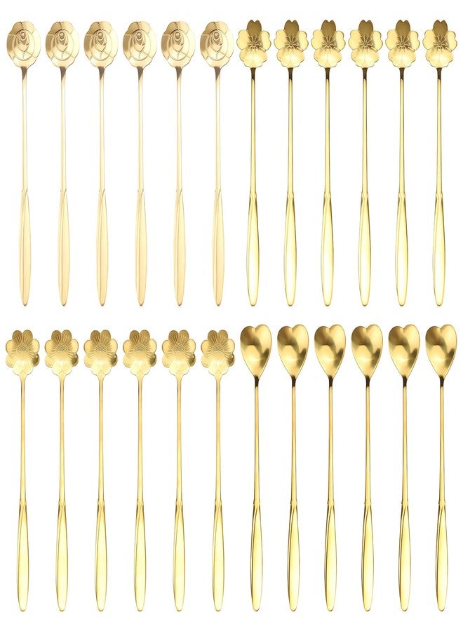 Yitexin 24 Pieces 4 Style Gold Espresso Coffee Spoons Set, Stainless Steel 6.8" Long Demitasse Tea Spoons Stirrer, Flower & Heart Shape Teaspoons for Stirring Mixing Milkshake Dessert Cafe Bar (Gold) - Image 1
