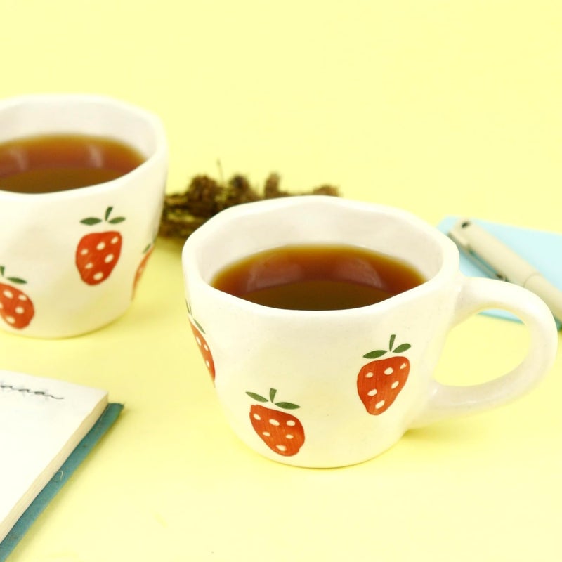 Green Route Strawberry Design Coffee Cup 300 ML Handmade White Ceramic Tea Cup for Home Office Microwave Dishwasher Safe Milk Chocolate Mug Perfect for Gift Set of 2 300 ML - Image 1