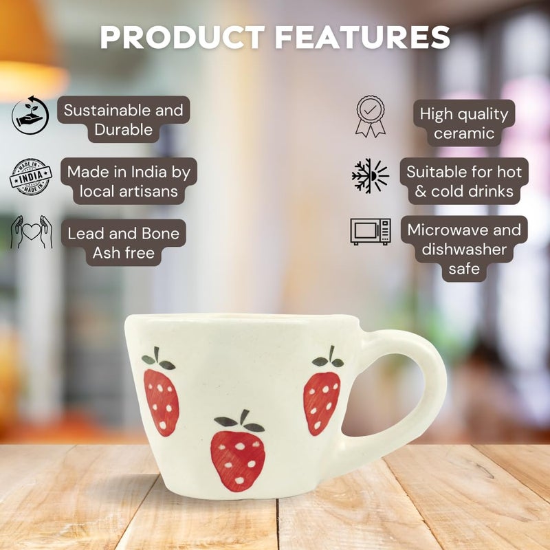 Green Route Strawberry Design Coffee Cup 300 ML Handmade White Ceramic Tea Cup for Home Office Microwave Dishwasher Safe Milk Chocolate Mug Perfect for Gift Set of 2 300 ML - Image 2