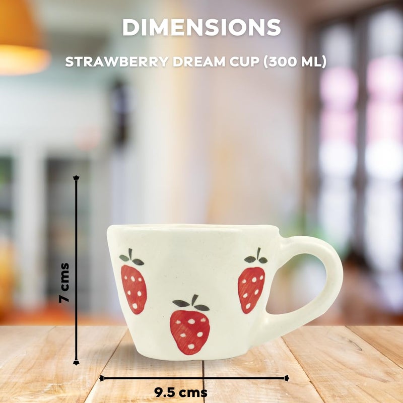 Green Route Strawberry Design Coffee Cup 300 ML Handmade White Ceramic Tea Cup for Home Office Microwave Dishwasher Safe Milk Chocolate Mug Perfect for Gift Set of 2 300 ML - Image 3