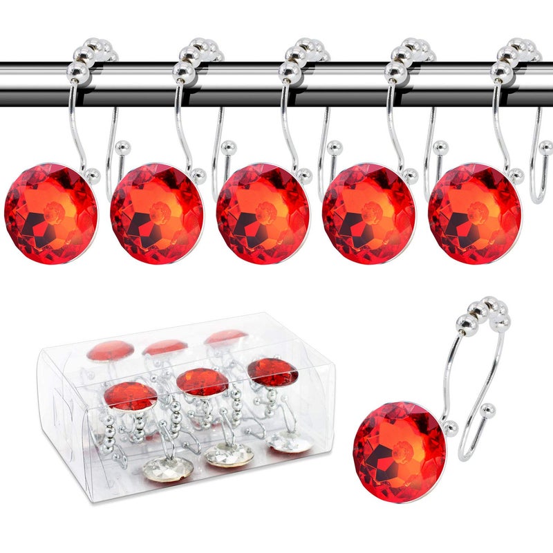 BEAVO Decorative Shower Curtain Hooks12 Pcs Double Glide Shower Curtain Rings Stainless Steel Rustproof Shower Hook Ring with Acrylic Crystal Rhinestones for Bathroom Shower Rods Curtains and Liner