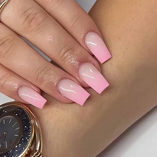 RikView Pink Press on Nails Medium Fake Nails French Stick on Nails Glossy Coffin Nails for Women 24 PCs/Set - Image 1