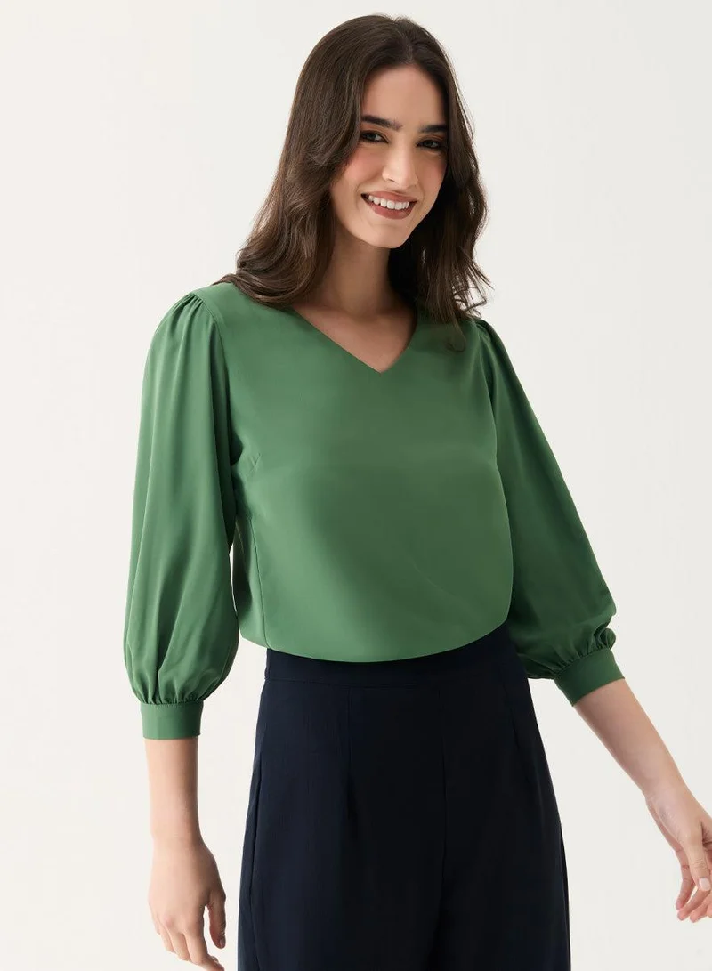 Zigzag Fern-Green V Neck Long Chiffon Top