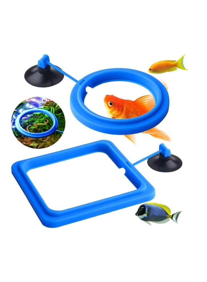 2 Pcs Fish Feeding Ring for Aquarium with Suction Cup, Blue Square and Round Shape Floating Food Feeder for Betta Goldfish Turtle Guppy - Image 2