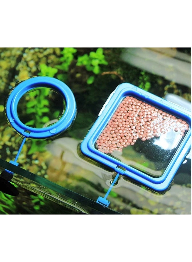 2 Pcs Fish Feeding Ring for Aquarium with Suction Cup, Blue Square and Round Shape Floating Food Feeder for Betta Goldfish Turtle Guppy - Image 1