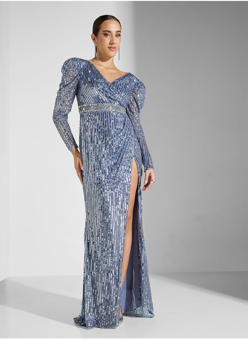 Amelia Rose V Neck Embellished Side Slit Dress  - Image 4
