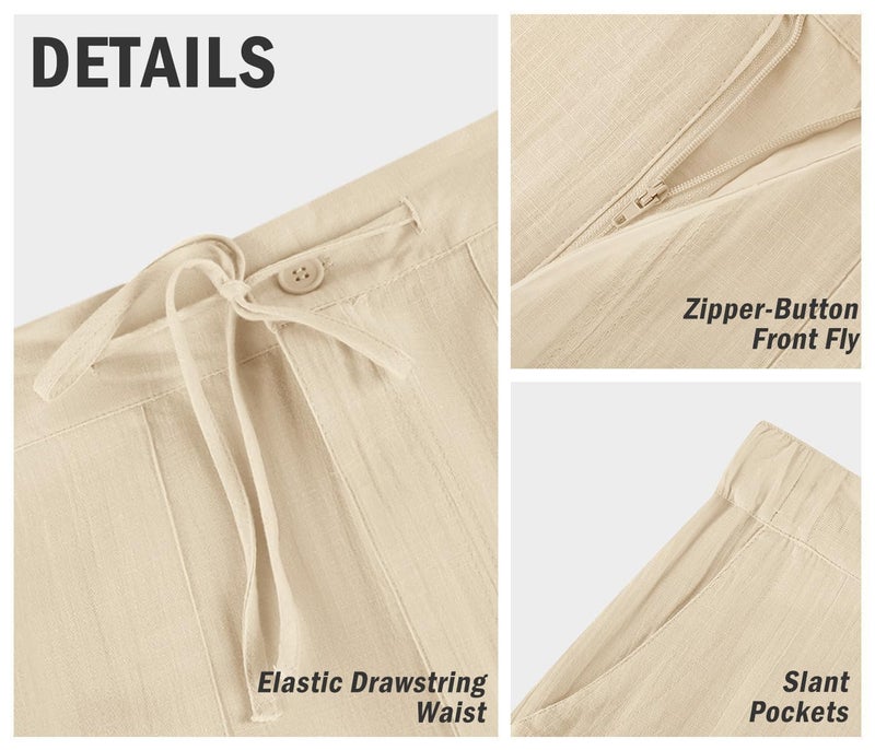 PASLTER Mens Casual Linen Pants Loose Fit Straight-Legs Elastic Drawstring Waist Summer Beach Yoga Long Pants A-Beige - Image 5