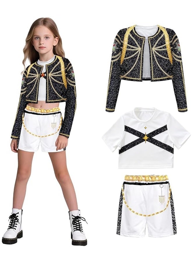 Halamodo Girls 3Pcs Demon Hunter Hip Hop Dance Costume Outfit Set, Trendy Pop Singer Stage Performance Clothes, Kids Fashion Cosplay Dress Up Outfit for Talent Show, Themed Party, Halloween Carnival u0026 Birthday Gathering ﻿ - Image 3