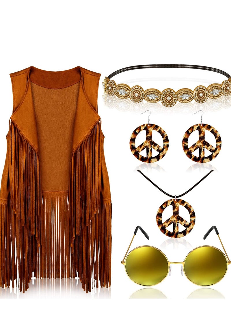 NIBEMINENT 6 Pcs 60s 70s Hippie Costume for Women Peace Sign Earring Necklace Headband Fringe Vest Tassel Cardiga, L  - Image 1