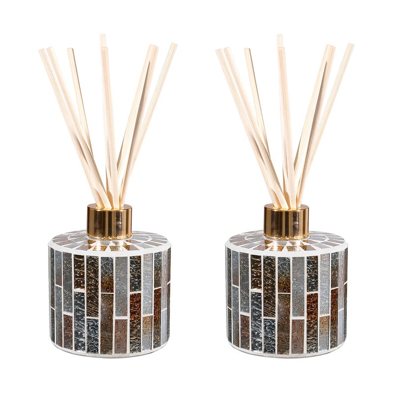 KMwares 73oz Decorative Vertical Stripe Mosaic Glass Reed Diffuser Bottle Set with Silver Caps  16pcs Natural Feed SticksSet of 2  Ideal for Home Fragrance Bathroom Decoration Accent Amber 