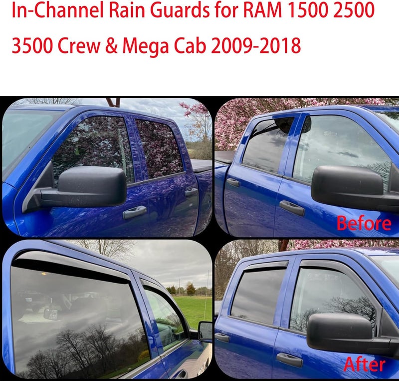 TONOYTIM in Channel Window Visors for 2009-2025 Ram 1500/2500/3500 Crew Cab & Mega Cab, 4PCS OEM Style Vent Visors Rain Guards for 2019-2024 Ram 1500 Classic, 2010-2025 2500/3500 - Image 2