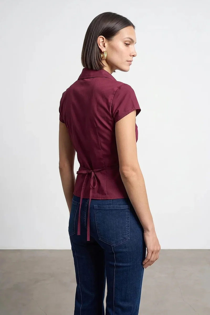 Dilvin Burgundy Red DILVIN Fitted Cotton Poplin Shirt With Tie Detail for Women | Best Price UAE