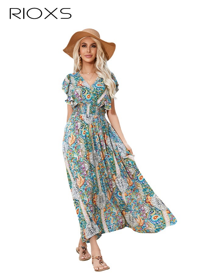 RIOXS Women's V Neck Dress, Floral Short Sleeve Dresses, Ladies Elastic Waist Long Dress, Split Flowy Casual Dress For Women, Ruffle Maxi Dress, Boho Summer Dress, Swing Beach Dress, Womens Loose Fit Dress, Dresses For Party/ Club/ Shopping/ Weekend/ Office  - Image 1