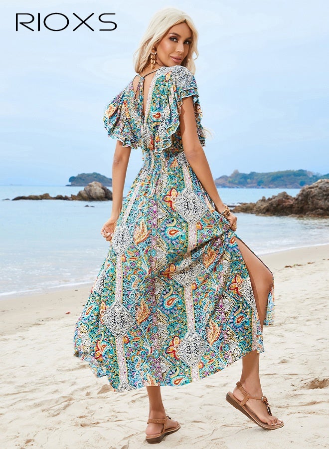 RIOXS Women's V Neck Dress, Floral Short Sleeve Dresses, Ladies Elastic Waist Long Dress, Split Flowy Casual Dress For Women, Ruffle Maxi Dress, Boho Summer Dress, Swing Beach Dress, Womens Loose Fit Dress, Dresses For Party/ Club/ Shopping/ Weekend/ Office  - Image 4