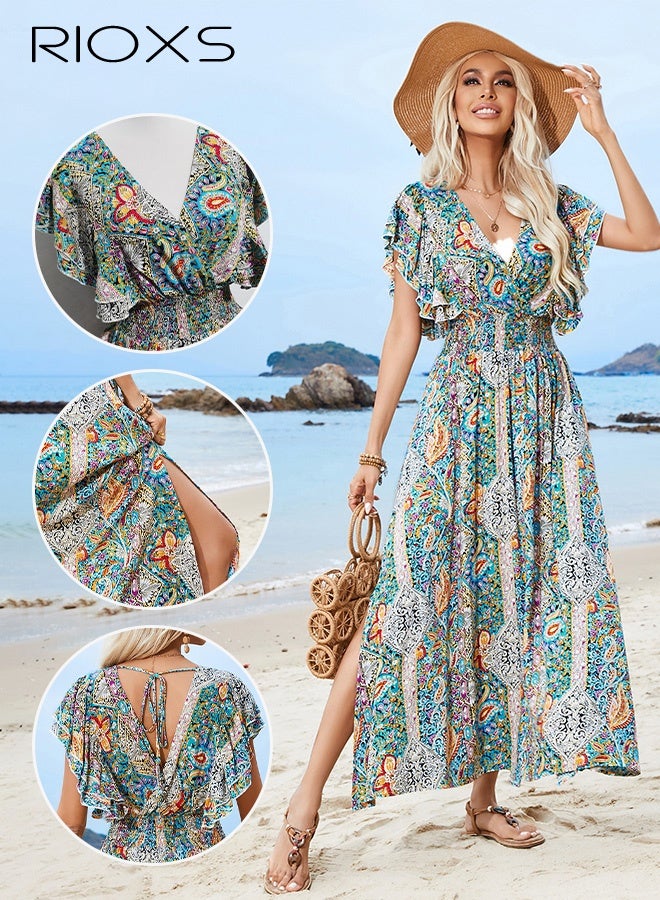 RIOXS Women's Floral V Neck Maxi Dress, Ruffled Short Sleeve  Backless Dress with Elastic High Waist, Summer Boho Split Flowy Casual Long Dress for Ladies, Loose Fit Swing Beach Dress for Party/ Vacation/ Shopping/ Weekend/ Office - Image 5