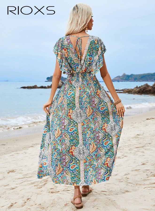 RIOXS Women's Floral V Neck Maxi Dress, Ruffled Short Sleeve  Backless Dress with Elastic High Waist, Summer Boho Split Flowy Casual Long Dress for Ladies, Loose Fit Swing Beach Dress for Party/ Vacation/ Shopping/ Weekend/ Office - Image 2