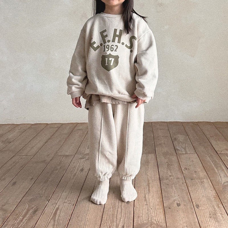 Kids Winter Fashion Letter Print Fleece Hoodie Set 26 D821 apricot 