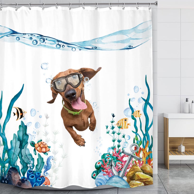 LGhtyro Funny Dog Kids Dachshund Shower Curtain Bathroom Set 60Wx71H Inches Teal Blue Sea Ocean Nautical Cute Fish Turtle Anchor Coral Underwater Bath Accessories Art Home Decor Fabric 12 Pack Hooks - Image 2