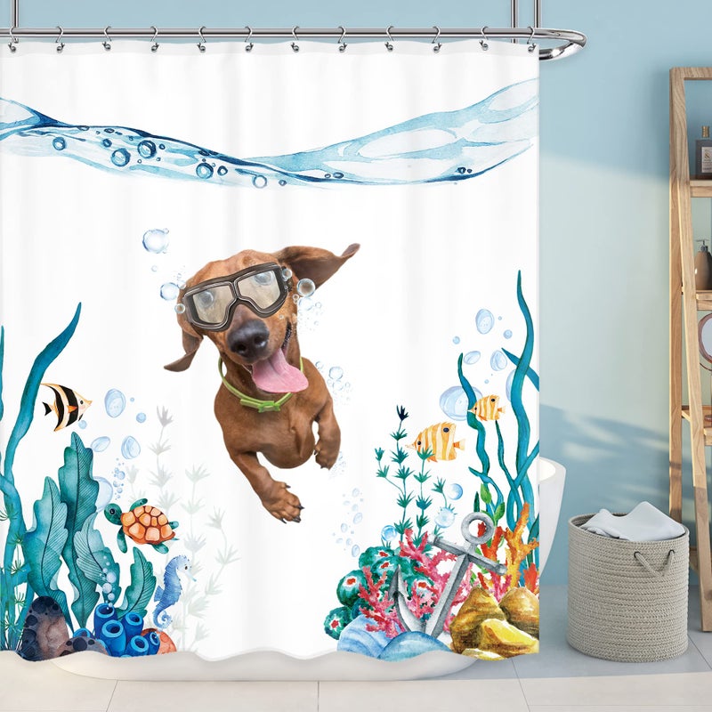 LGhtyro Funny Dog Kids Dachshund Shower Curtain Bathroom Set 60Wx71H Inches Teal Blue Sea Ocean Nautical Cute Fish Turtle Anchor Coral Underwater Bath Accessories Art Home Decor Fabric 12 Pack Hooks - Image 1