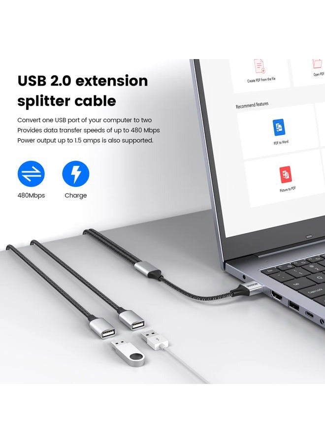 MOGOOD كابل تمديد USB، USB A ذكر إلى 2 أنثى كابل تمديد متين، كابل تقسيم USB مضفر من النايلون لنقل البيانات بسرعة متوافق مع الطابعة، لوحة المفاتيح USB، محرك فلاش، القرص الصلب، بلاي ستيشن - Image 3