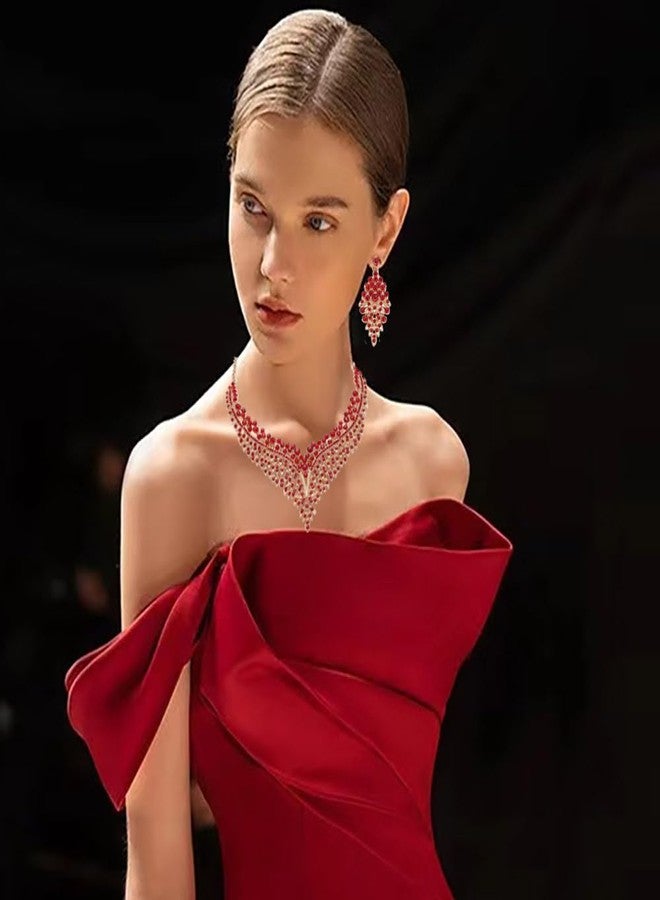Zthread Wedding Bridal Jewelry Set Crystal Rhinestone Statement Necklace Vintage Collar Necklace Dangle Earrings Set for Women (Red) - Image 3