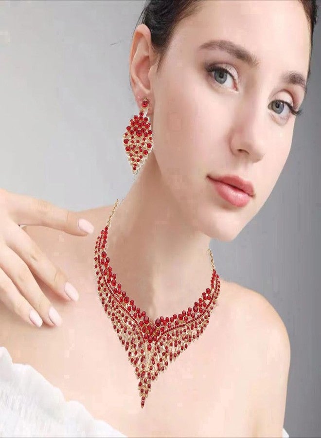 Zthread Wedding Bridal Jewelry Set Crystal Rhinestone Statement Necklace Vintage Collar Necklace Dangle Earrings Set for Women (Red) - Image 4