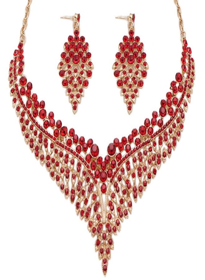 Zthread Wedding Bridal Jewelry Set Crystal Rhinestone Statement Necklace Vintage Collar Necklace Dangle Earrings Set for Women (Red) - Image 1