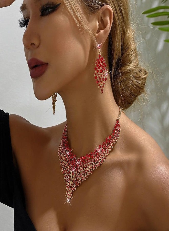 Zthread Wedding Bridal Jewelry Set Crystal Rhinestone Statement Necklace Vintage Collar Necklace Dangle Earrings Set for Women (Red) - Image 2