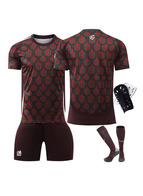 A new football jersey is made of fabric that is breathable, quick-drying, soft and has good elasticity, It consists of a 4-piece set of a top, trousers, socks and knee pads, and is specially designed for football and sports enthusiasts