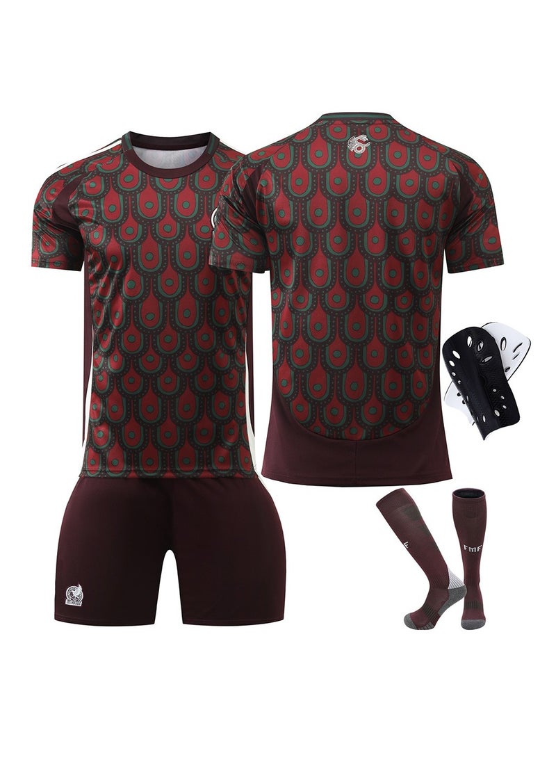 A new football jersey is made of fabric that is breathable, quick-drying, soft and has good elasticity, It consists of a 4-piece set of a top, trousers, socks and knee pads, and is specially designed for football and sports enthusiasts
