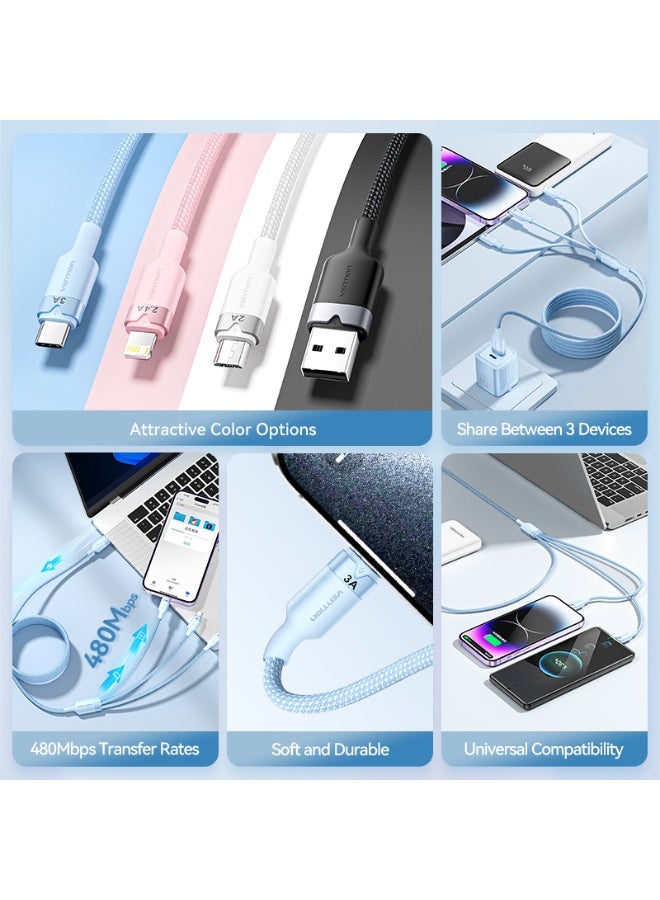 VENTION VENTION USB 2.0 A Male to 3-in-1 USB-C & Lightning & Micro-B Male 3A Cable 1.5M Pink Aluminum Alloy Type Model# CTPPG - Image 2