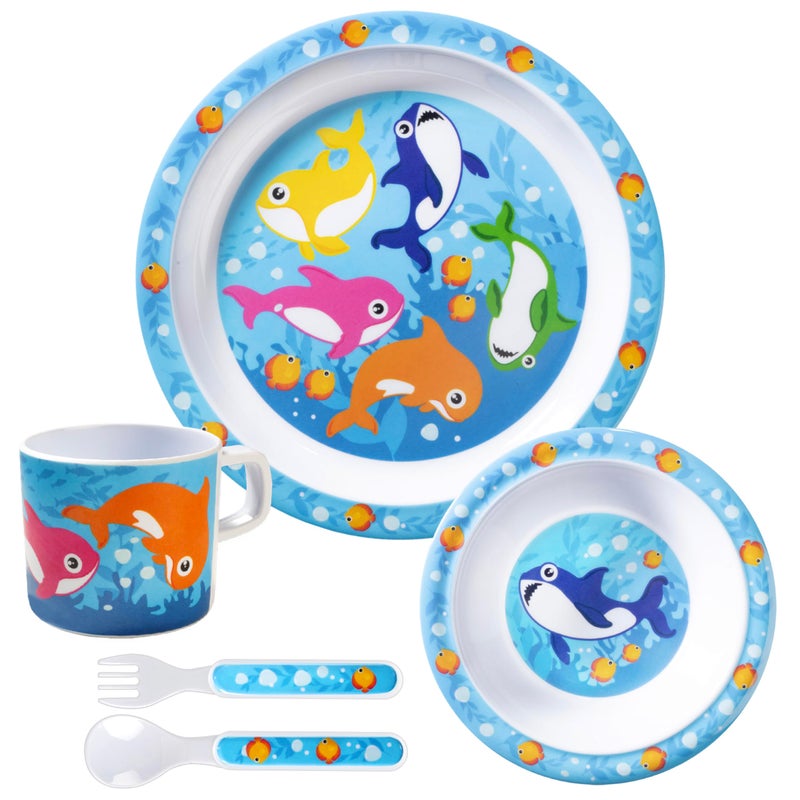 Bentology 5 Pc Mealtime Set for Kids Shark Theme Includes Raised Edge Plate Bowl Cup Fork Spoon Dishwasher Safe BPA Free Cute Durable Dish Easy SelfFeeding Gift for Toddlers - Image 2