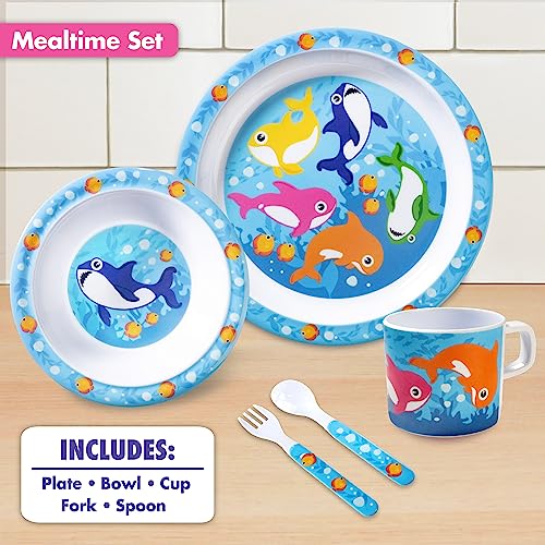 Bentology 5 Pc Mealtime Set for Kids Shark Theme Includes Raised Edge Plate Bowl Cup Fork Spoon Dishwasher Safe BPA Free Cute Durable Dish Easy SelfFeeding Gift for Toddlers - Image 3
