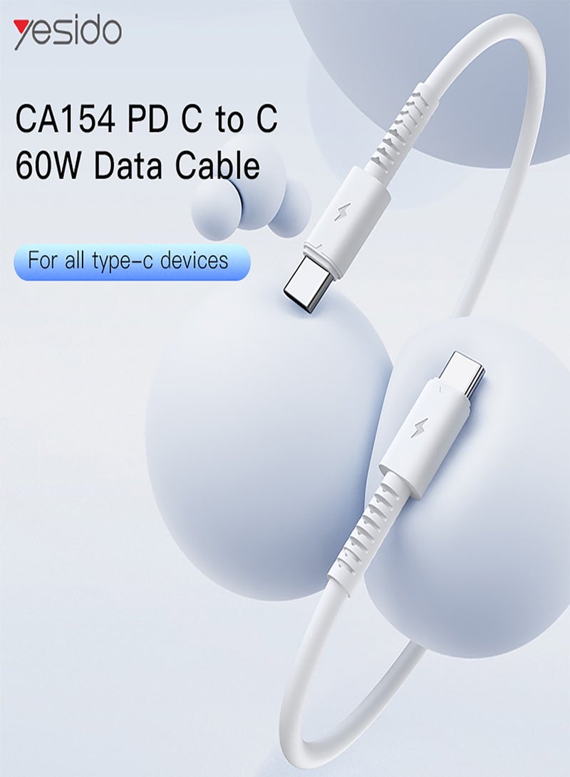 Yesido CA154 Charging Data Cable 1 Meter 60W PVC Type-C to Type-C Fast Charging Data Cable - White - Image 2