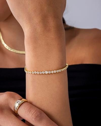 PAVOI Rhodium Plated Graduated Simulated Diamonds Bezel Set Tennis Bracelets for Women - Cubic Zirconia Stones Round Statement Bride Gold Bracelet Stack - Size 7" - Image 2