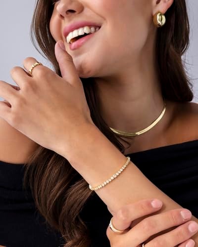 PAVOI Rhodium Plated Graduated Simulated Diamonds Bezel Set Tennis Bracelets for Women - Cubic Zirconia Stones Round Statement Bride Gold Bracelet Stack - Size 7" - Image 4