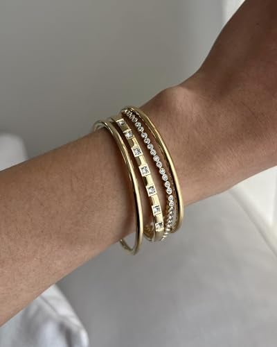 PAVOI Rhodium Plated Graduated Simulated Diamonds Bezel Set Tennis Bracelets for Women - Cubic Zirconia Stones Round Statement Bride Gold Bracelet Stack - Size 7" - Image 3