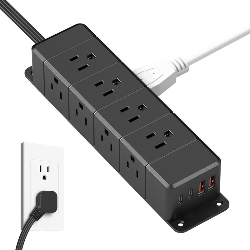 شريط كهربائي سريع الشحن بتقنية USB-C بقدرة 45 واط يوضع تحت المكتب، شريط كهربائي قابل للتثبيت يحتوي على 12 منفذًا و4 منافذ USB، يوفر حماية من الصدمات الكهربائية بقوة 1200 جولة، كابل تمديد مسطح بطول 6 أقدام، لون أسود - Image 1