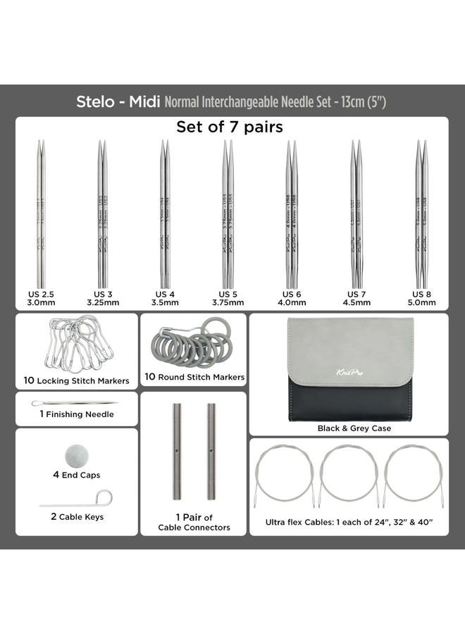 KnitPro Stelo Midi Normal Interchangeable Needle Set 5" (13cm) | 7 US Sizes (2.5 to 8) - Image 2