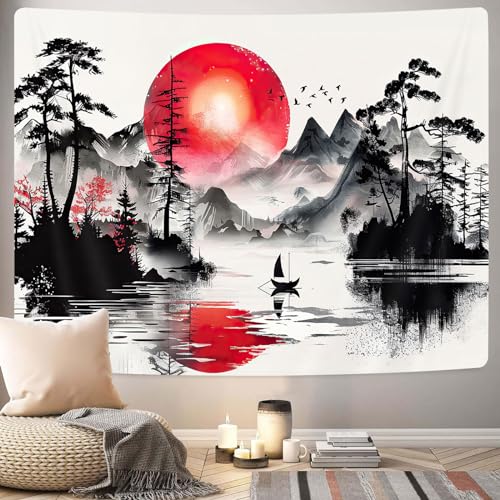 GOAOK Japanese Red and Black Forest Tapestry Anime Mountain Tree Sun Aesthetic Tapestry Wall Hanging for Men Cool Asian Dark Nature Landscape Tapestries Ink Art Decor for Living Room College Dorm 80X60IN - Image 3