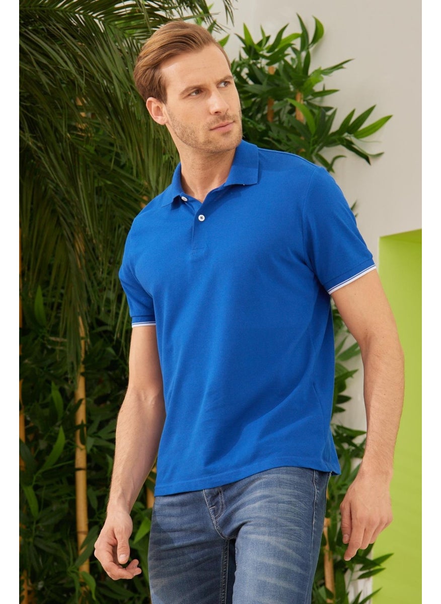 Odelon Men's Interstitial Collar Detailed Cotton Polo Collar T-Shirt Blue  - Image 1