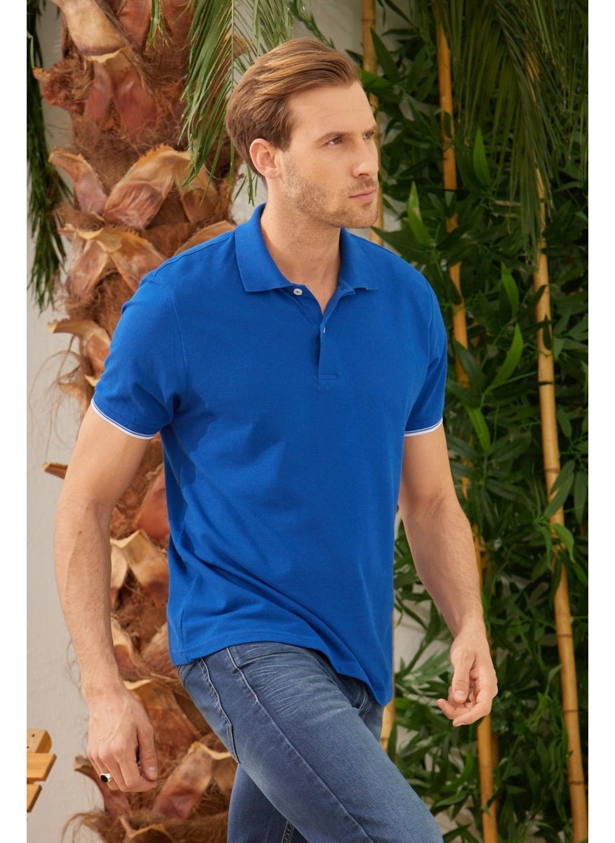 Odelon Men's Interstitial Collar Detailed Cotton Polo Collar T-Shirt Blue  - Image 3