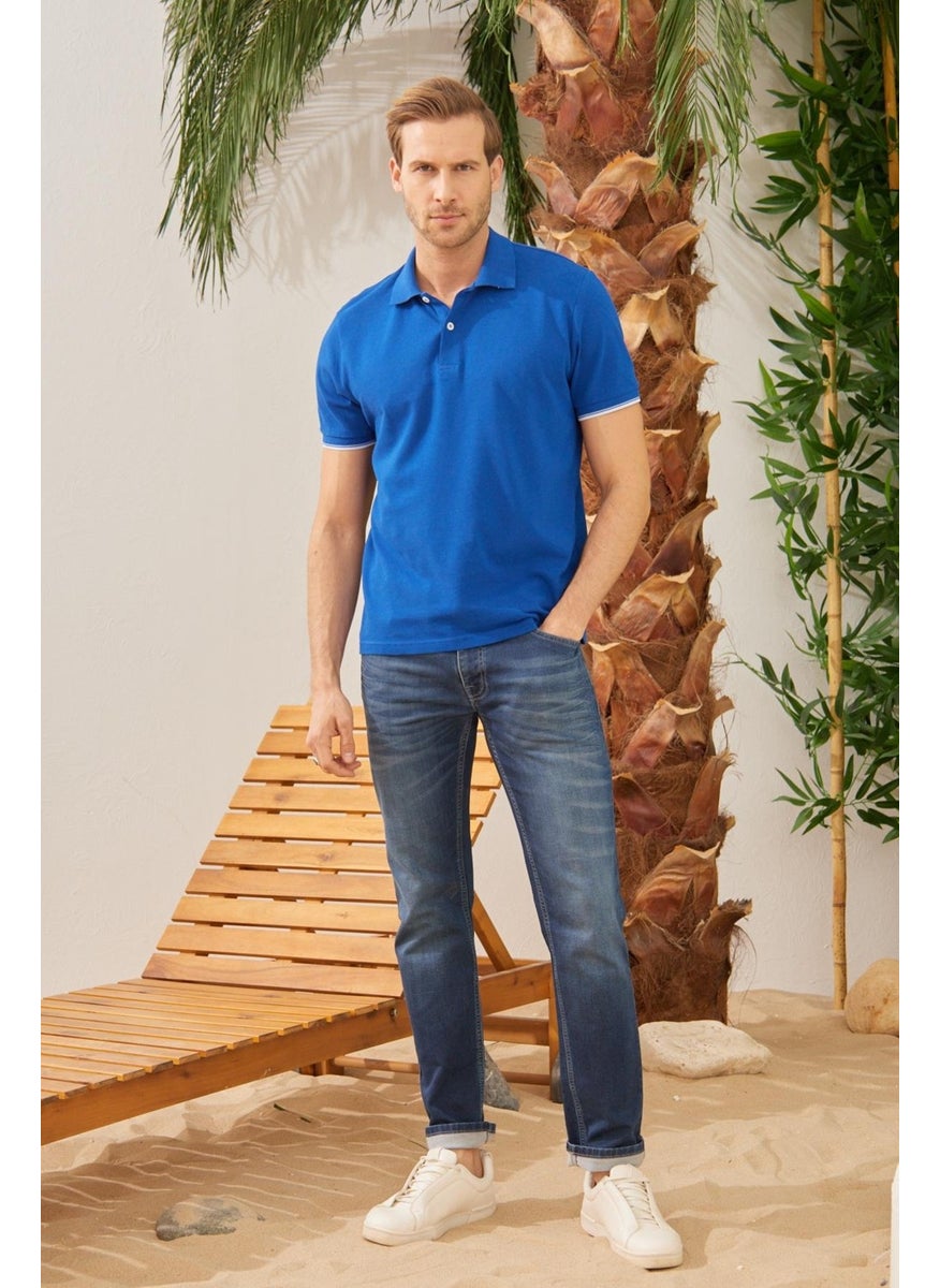 Odelon Men's Interstitial Collar Detailed Cotton Polo Collar T-Shirt Blue  - Image 2