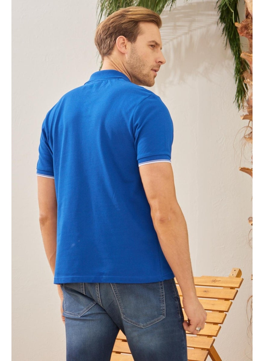 Odelon Men's Interstitial Collar Detailed Cotton Polo Collar T-Shirt Blue  - Image 5