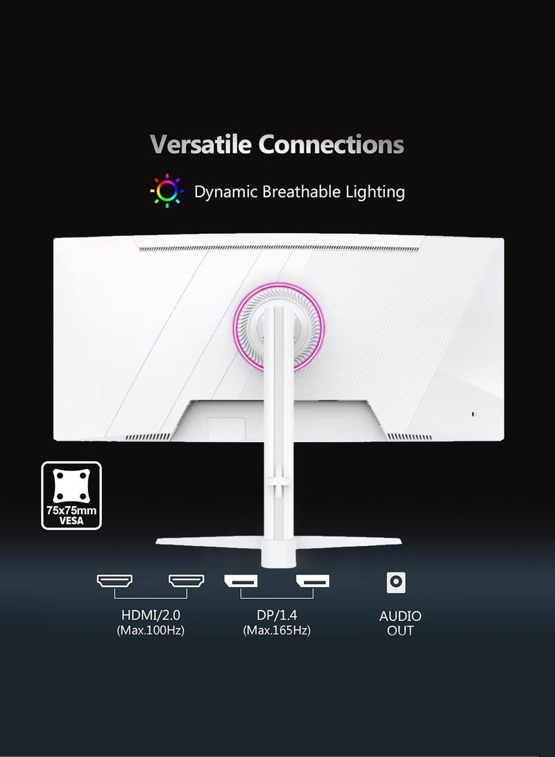 HILUKE 34-Inch Curved Gaming Monitor UWQHD 3440 x 1440 165Hz 1ms(MPRT), HDR, sRGB 125%, Support Wallmount 75x75mm,Curved Computer Screen with FreeSync,HDMI2.1(TMDS) x2,DP1.4 x2 White - Image 3