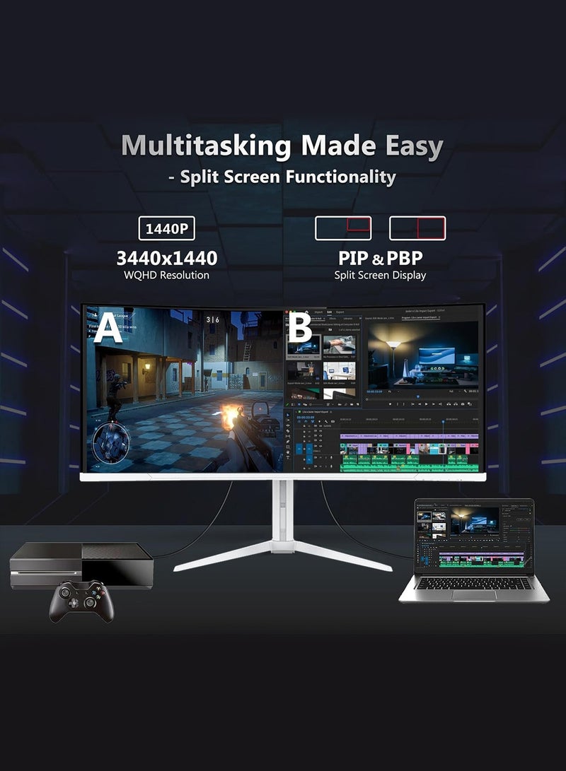 HILUKE 34-Inch Curved Gaming Monitor UWQHD 3440 x 1440 165Hz 1ms(MPRT), HDR, sRGB 125%, Support Wallmount 75x75mm,Curved Computer Screen with FreeSync,HDMI2.1(TMDS) x2,DP1.4 x2 White - Image 5