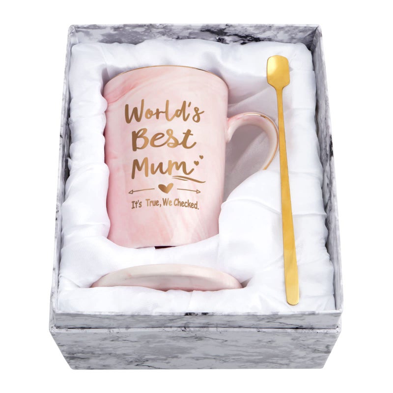 Joymaking Worlds Best Mum Pink Marble Ceramic Coffee Cup 14Oz  Mums Birthday  Mothers Day Gift from Daughter  Son