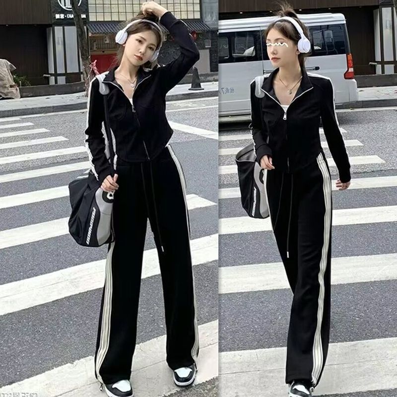 Casual Fashionable Womens Sport Suit 2024 Autumn New Streetwear Slimming Sweatshirt Bell Bottoms 2-Piece Set Trendy Black long sleeve suit
