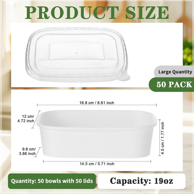 Maxdot 50 Pack Disposable Kraft Paper Bowls with PP Lids Rectangle Paper Food Containers for Lunch Meal Prep,Salad,Ice Cream,Yogurt,Soup Bowls Party Supplies (White,19 oz) - Image 2
